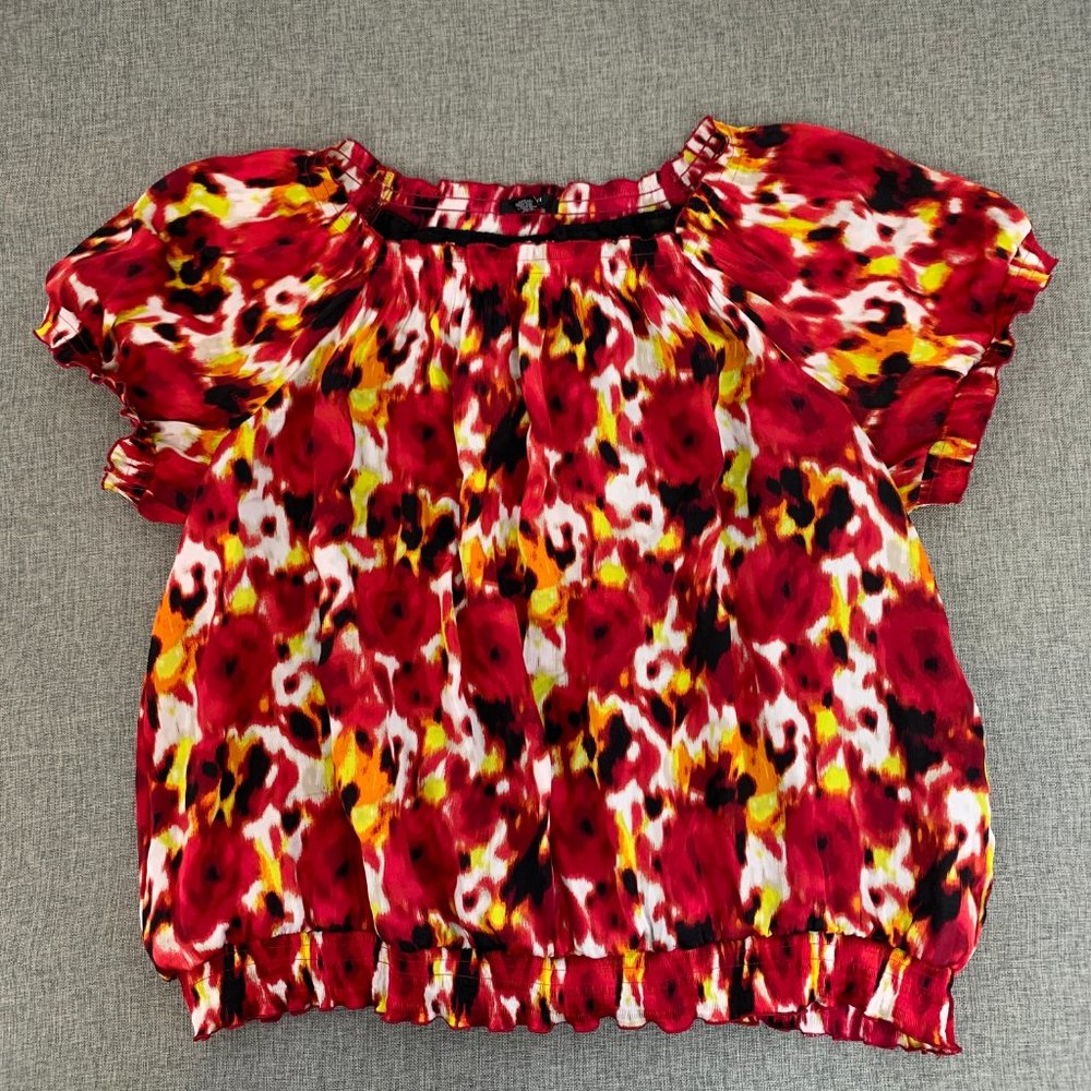 Alfani Women's Floral‎ Pleated Blouse Size 22W Cap Sleeve Red Yellow White Lined